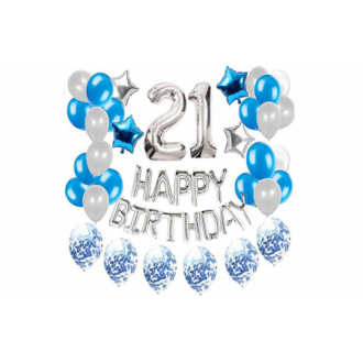 Sada balónků k 21. narozeninám - stříbrná - modrá