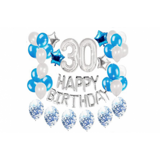 Sada balónků k 30. narozeninám - stříbrná - modrá