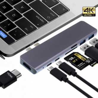 Adaptér 7v1 HUB USB-C HDMI 4K SD Macbook Pro / Air - šedý