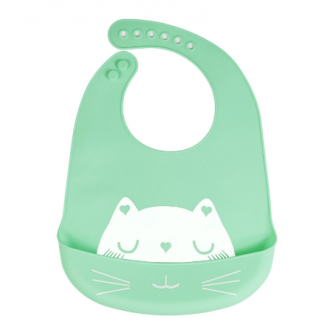Silikonový bryndáček s kapsou pro děti - zelená, kočka