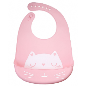 Silikonový bryndáček s kapsou pro děti - růžová, kočka