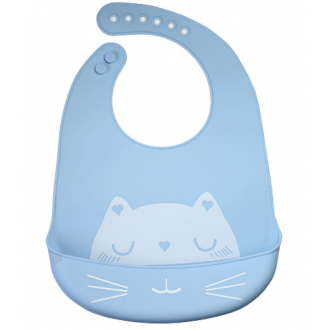 Silikonový bryndáček s kapsou pro děti - modrá, kočka