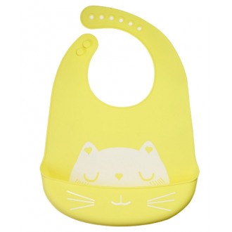 Silikonový bryndáček s kapsou pro děti - žlutá, kočka